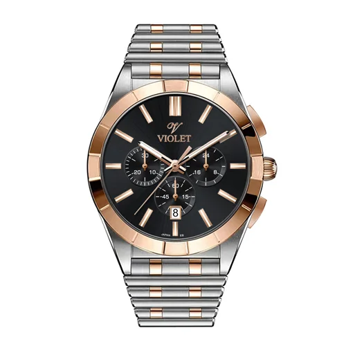 ساعت مچی عقربه ای مردانه ویولت دورنگ رزگلد صفحه مشکی کد0613/2