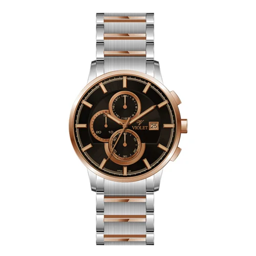 ساعت مچی عقربه ای مردانه ویولت دورنگ رزگلد صفحه مشکی- شیشه رنگی کرنوگراف کد 0585/2