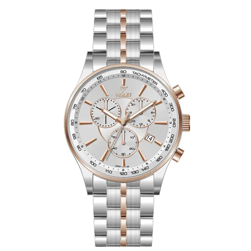 ساعت مچی عقربه ای مردانه ویولت دورنگ رزگلد صفحه سفید کرنوگراف کد 0588/2