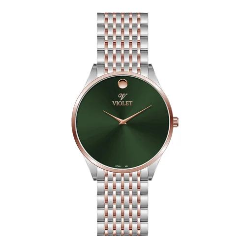ساعت مچی عقربه ای مردانه ویولت دورنگ رزگلد صفحه سبز کد 0609/2