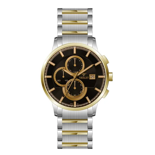 ساعت مچی عقربه ای مردانه ویولت دورنگ طلایی صفحه مشکی- شیشه رنگی کرنوگراف کد 0585/2