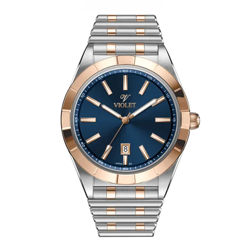 ساعت مچی عقربه ای مردانه ویولت دورنگ رزگلد صفحه سرمه ای کد 0612/2