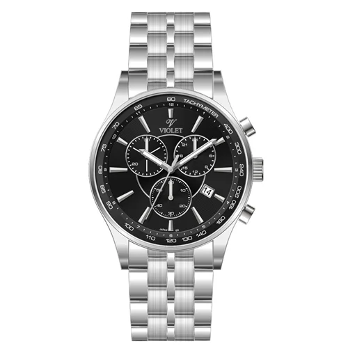 ساعت مچی عقربه ای مردانه ویولت استیل صفحه مشکی کرنوگراف کد 0588