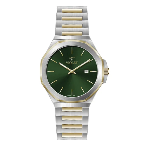ساعت مچی عقربه ای مردانه ویولت دورنگ طلایی صفحه سبز کد 0623/2