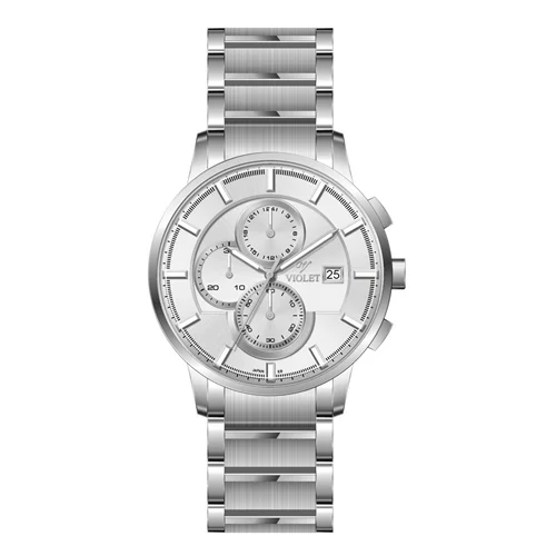 ساعت مچی عقربه ای مردانه ویولت استیل صفحه سفید کرنوگراف کد 0585