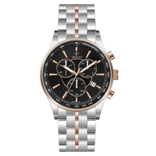 ساعت مچی عقربه ای مردانه ویولت دورنگ رزگلد صفحه مشکی کرنوگراف کد 0588/2