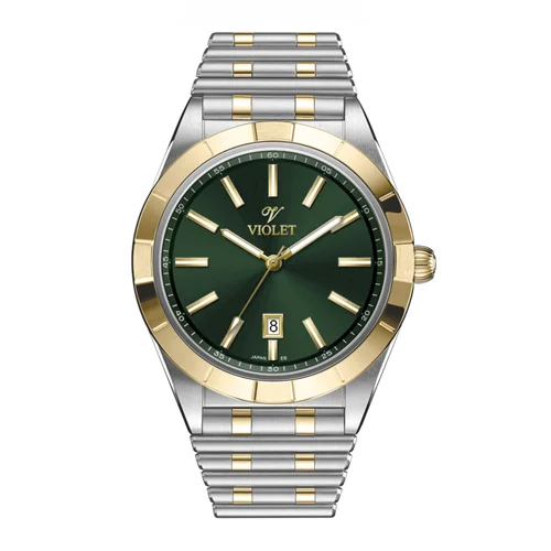 ساعت مچی عقربه ای مردانه ویولت دورنگ طلایی صفحه سبز کد 0612/2