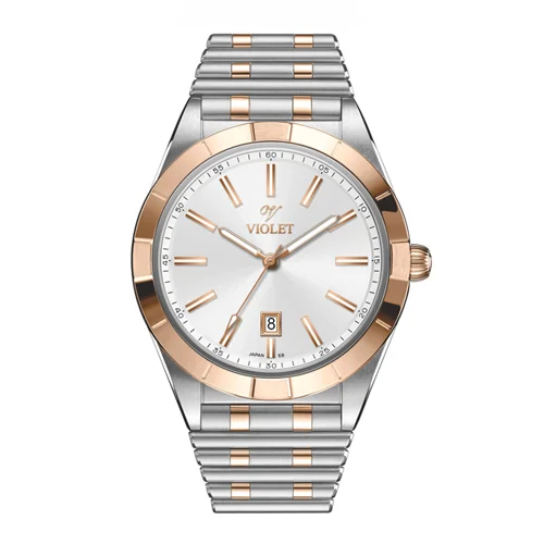 ساعت مچی عقربه ای مردانه ویولت دورنگ رزگلد صفحه سفید کد 0612/2