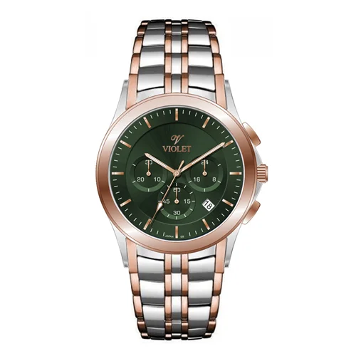 ساعت مچی عقربه ای مردانه ویولت دورنگ رزگلد صفحه سبز کد 0611/2