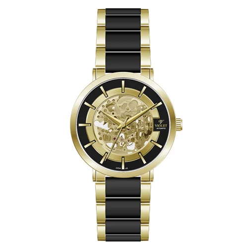 ساعت مچي عقربه ای مردانه ويولت گرد سرامیک دورنگ طلایی صفحه مشکی کد 0567/2