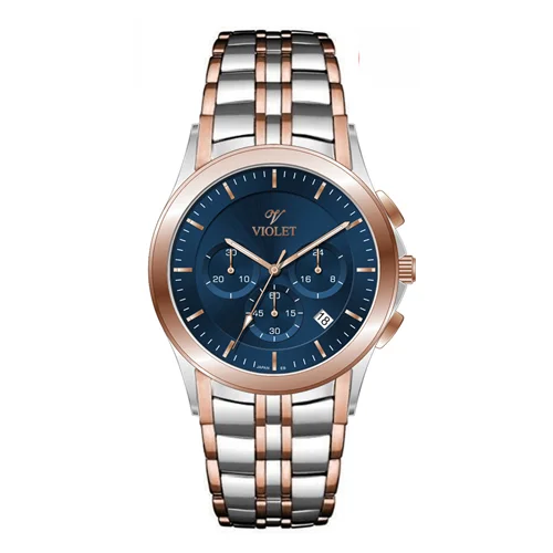ساعت مچی عقربه ای مردانه ویولت دورنگ رزگلد صفحه سرمه ای کد 0611/2