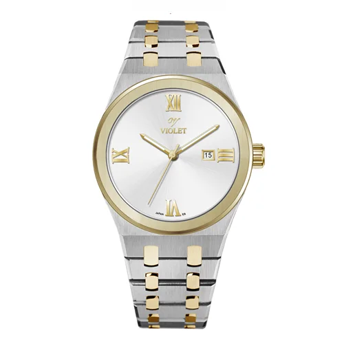 ساعت مچی عقربه ای مردانه ویولت دورنگ طلایی صفحه سفید کد 0601/2