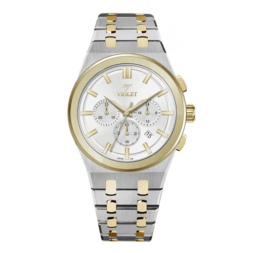 ساعت مچی عقربه ای مردانه ویولت دورنگ طلایی صفحه سفید کد 0602/2