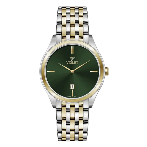 ساعت مچی عقربه ای مردانه ویولت دورنگ طلایی صفحه سبز کد 0608/2