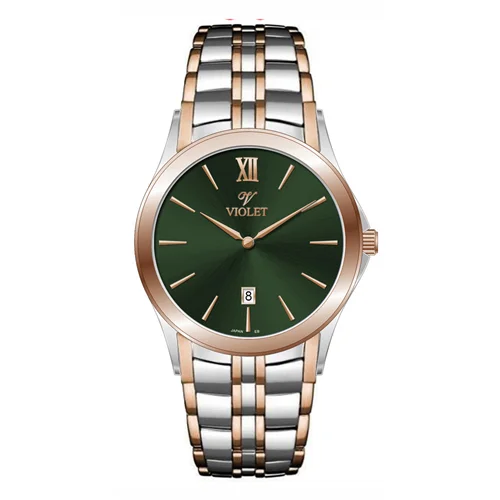 ساعت مچی عقربه ای مردانه ویولت دورنگ رزگلد صفحه سبز کد 0610/2