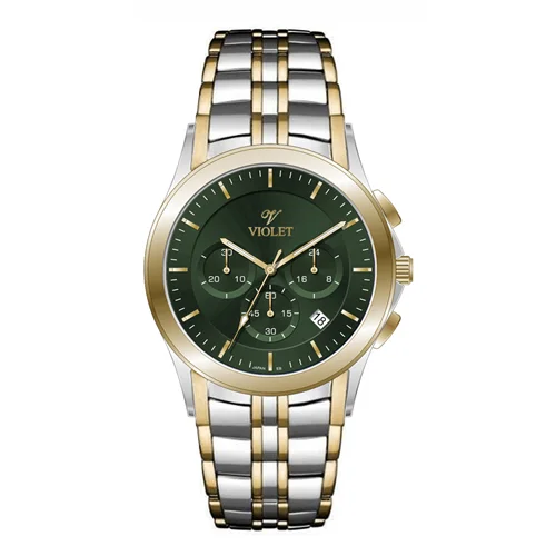 ساعت مچی عقربه ای مردانه ویولت دورنگ طلایی صفحه سبز کد 0611/2