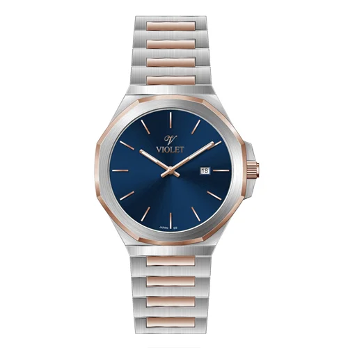 ساعت مچی عقربه ای مردانه ویولت دورنگ رزگلد صفحه سرمه ای کد 0623/2