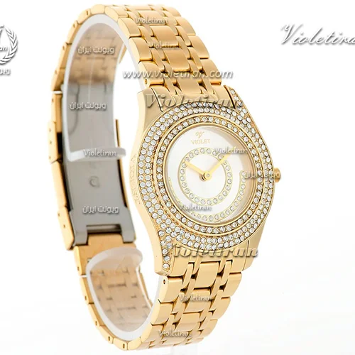 ساعت مچی ویولت, زنانه گرد, نگین دار فلزی, طلایی صفحه سفید,کد 0380/2