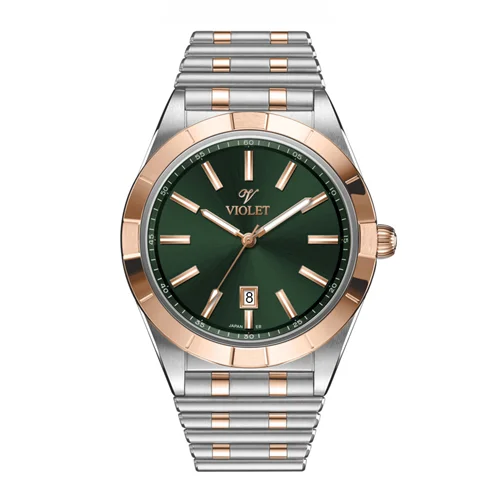 ساعت مچی عقربه ای مردانه ویولت دورنگ رزگلد صفحه سبز کد 0612/2