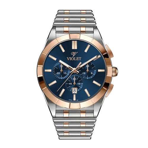 ساعت مچی عقربه ای مردانه ویولت دورنگ رزگلد صفحه سرمه ای کد0613/2