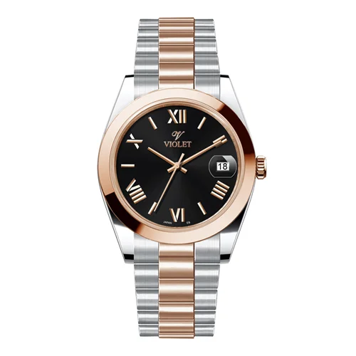 ساعت مچی عقربه ای مردانه ویولت دورنگ رزگلد صفحه مشکی کد 0606/2