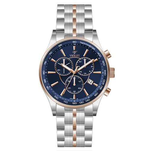 ساعت مچی عقربه ای مردانه ویولت دورنگ رزگلد صفحه سرمه ای کرنوگراف کد 0588/2