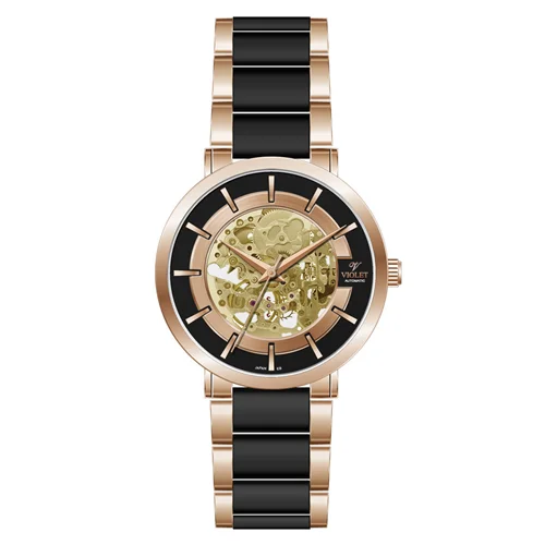 ساعت مچي عقربه ای مردانه ويولت گرد سرامیک دورنگ رزگلد صفحه مشکی کد 0567/2