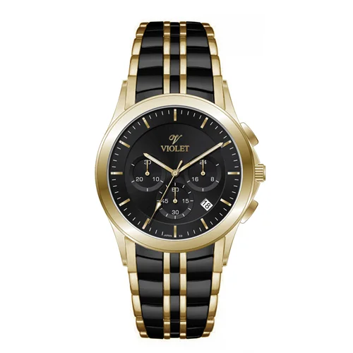 ساعت مچی عقربه ای مردانه ویولت دورنگ طلایی صفحه مشکی کد 0611/2