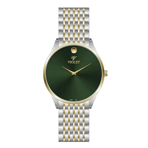 ساعت مچی عقربه ای مردانه ویولت دورنگ طلایی صفحه سبز کد 0609/2