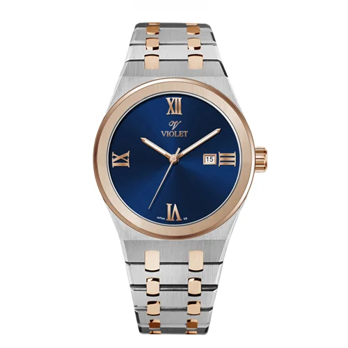 ساعت مچی عقربه ای مردانه ویولت دورنگ رزگلد صفحه سرمه ای کد 0601/2
