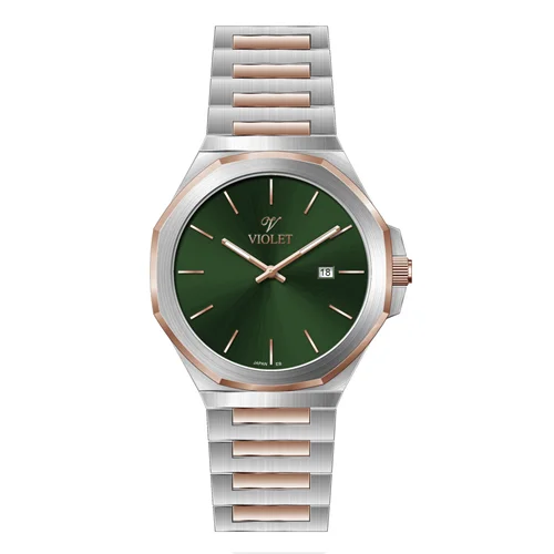 ساعت مچی عقربه ای مردانه ویولت دورنگ رزگلد صفحه سبز کد 0623/2