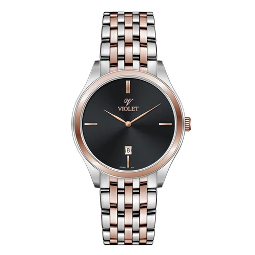 ساعت مچی عقربه ای مردانه ویولت دورنگ رزگلد صفحه مشکی کد 0608/2