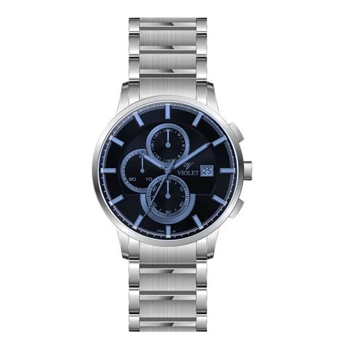 ساعت مچی عقربه ای مردانه ویولت استیل صفحه مشکی- شیشه رنگی کرنوگراف کد 0585
