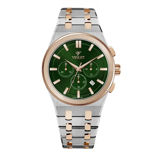 ساعت مچی عقربه ای مردانه ویولت دورنگ رزگلد صفحه سبز کد 0602/2