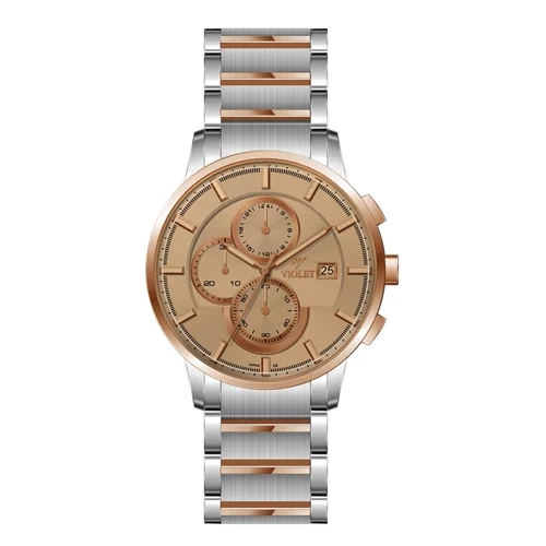 ساعت مچی عقربه ای مردانه ویولت دورنگ رزگلد صفحه سفید- شیشه رنگی کرنوگراف کد 0585/2