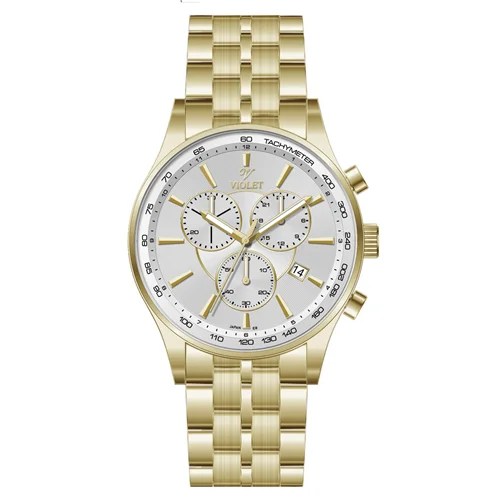 ساعت مچی عقربه ای مردانه ویولت طلایی صفحه سفید کرنوگراف کد 0588/2