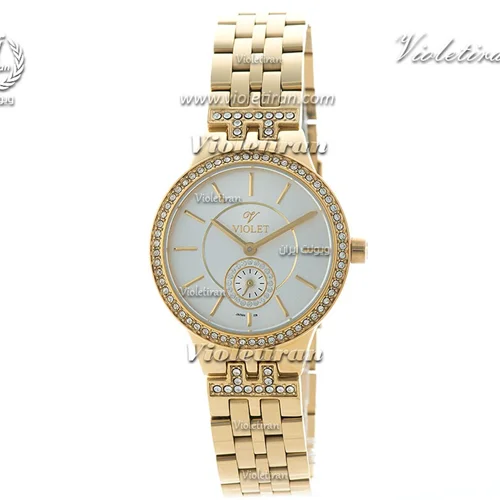 ساعت مچی ویولت Violet زنانه گرد زیر ثانیه دور نگین فلزی طلایی صفحه سفید مدل 0378/2L