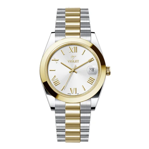 ساعت مچی عقربه ای مردانه ویولت دورنگ طلایی صفحه سفید کد 0606/2