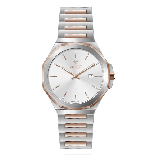 ساعت مچی عقربه ای مردانه ویولت دورنگ رزگلد صفحه سفید کد 0623/2