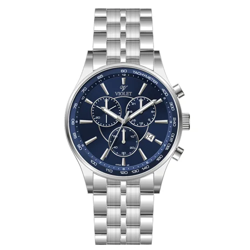 ساعت مچی عقربه ای مردانه ویولت استیل صفحه سرمه ای کرنوگراف کد 0588