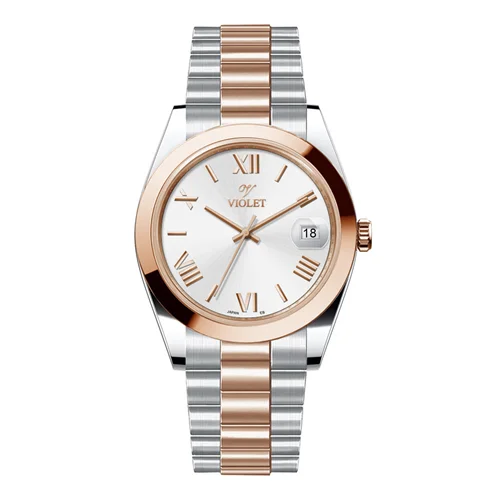 ساعت مچی عقربه ای مردانه ویولت دورنگ رزگلد صفحه سفید کد 0606/2