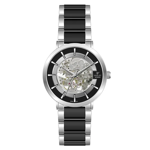 ساعت مچي عقربه ای مردانه ويولت گرد سرامیک استیل صفحه مشکی کد 0567