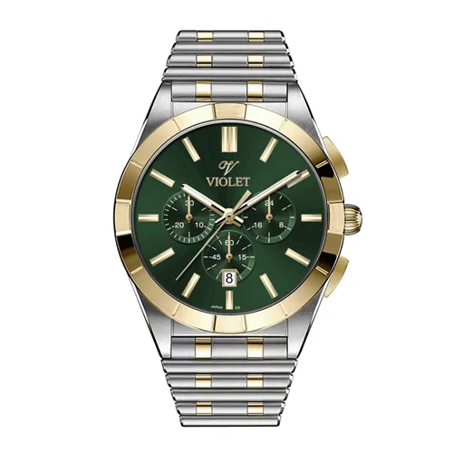 ساعت مچی عقربه ای مردانه ویولت دورنگ طلایی صفحه سبز کد 0613/2