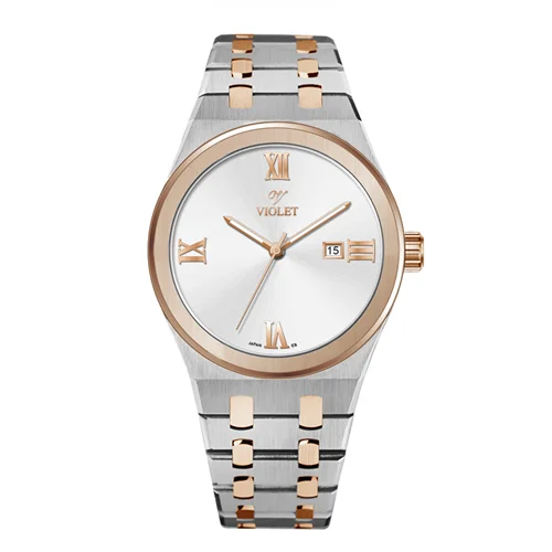 ساعت مچی عقربه ای مردانه ویولت دورنگ رزگلد صفحه سفید کد 0601/2