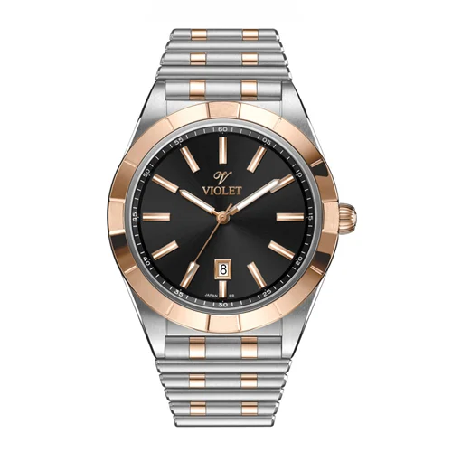 ساعت مچی عقربه ای مردانه ویولت دورنگ رزگلد صفحه مشکی کد 0612/2