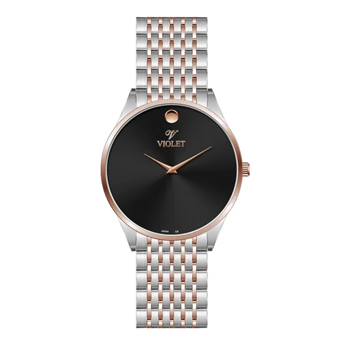 ساعت مچی عقربه ای مردانه ویولت دورنگ رزگلد صفحه مشکی کد 0609/2