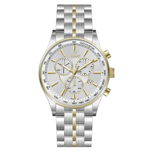 ساعت مچی عقربه ای مردانه ویولت دورنگ طلایی صفحه سفید کرنوگراف کد 0588/2