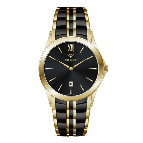 ساعت مچی عقربه ای مردانه ویولت دورنگ طلایی صفحه مشکی کد 0610/2