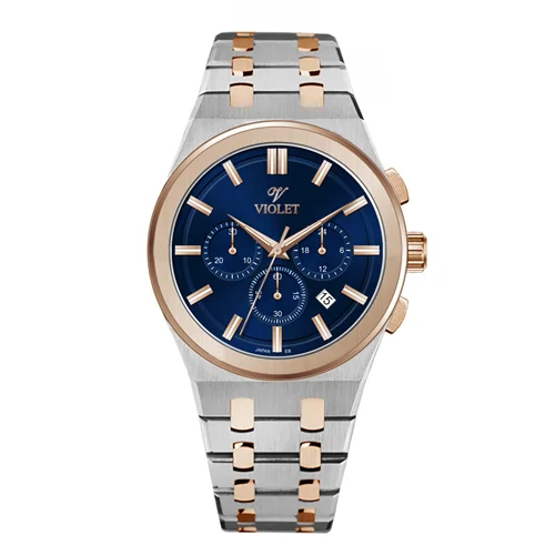 ساعت مچی عقربه ای مردانه ویولت دورنگ رزگلد صفحه سرمه ای کد 0602/2