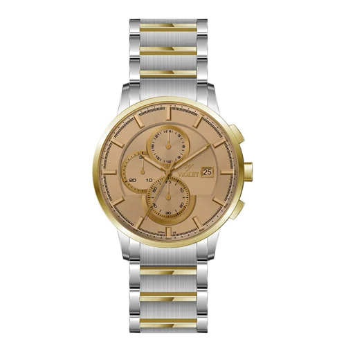 ساعت مچی عقربه ای مردانه ویولت دورنگ طلایی صفحه سفید- شیشه رنگی کرنوگراف کد 0585/2